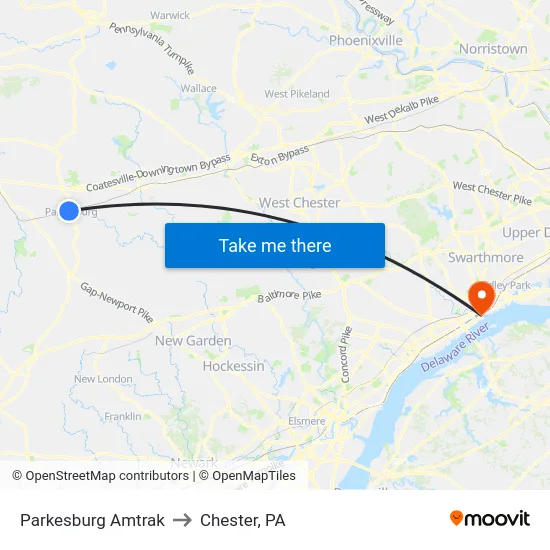 Parkesburg Amtrak to Chester, PA map