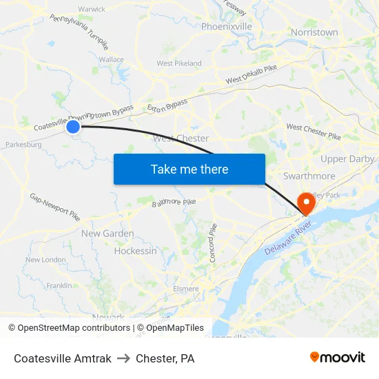 Coatesville Amtrak to Chester, PA map