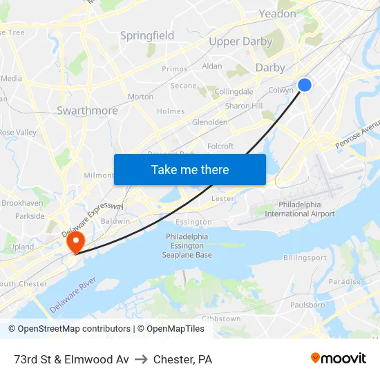 73rd St & Elmwood Av to Chester, PA map
