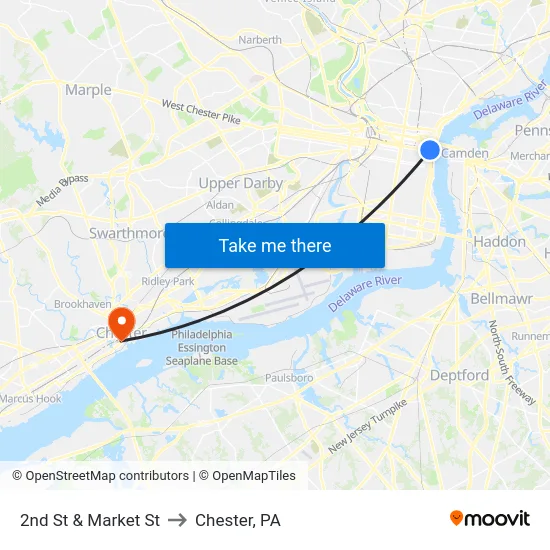 2nd St & Market St to Chester, PA map