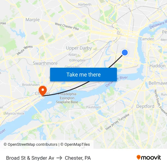 Broad St & Snyder Av to Chester, PA map