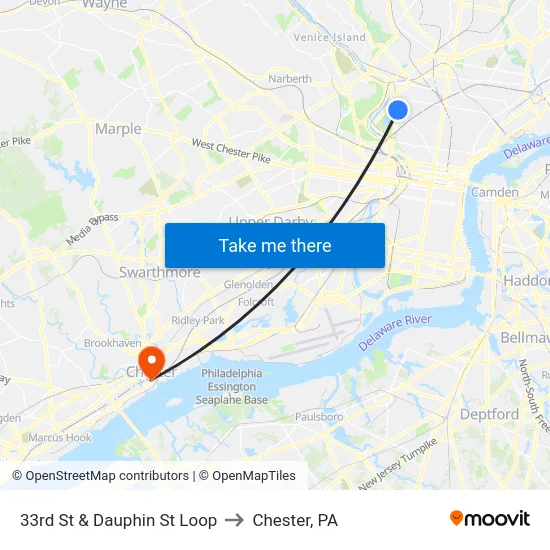 33rd St & Dauphin St Loop to Chester, PA map