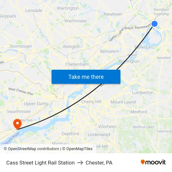 Cass Street Light Rail Station to Chester, PA map