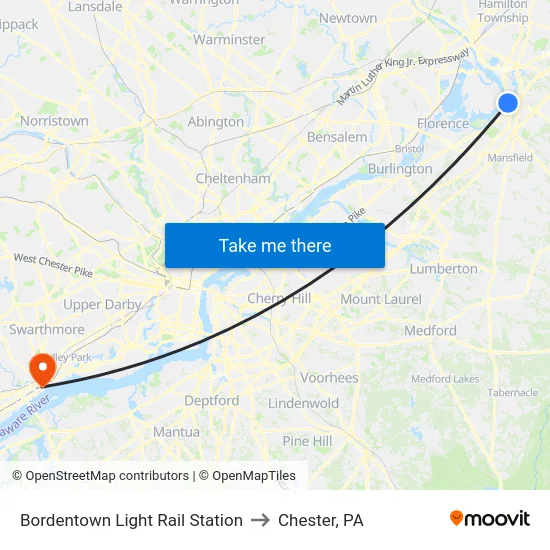 Bordentown Light Rail Station to Chester, PA map