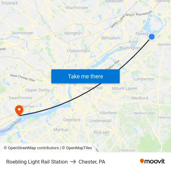Roebling Light Rail Station to Chester, PA map