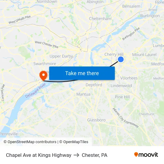 Chapel Ave at Kings Highway to Chester, PA map