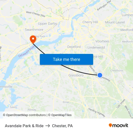 Avandale Park & Ride to Chester, PA map