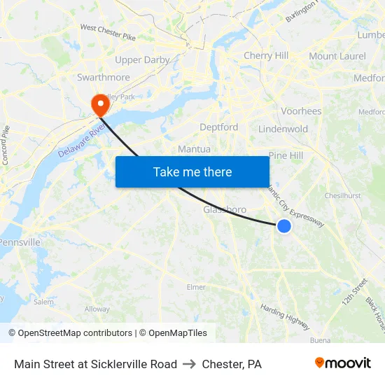 Main Street at Sicklerville Road to Chester, PA map