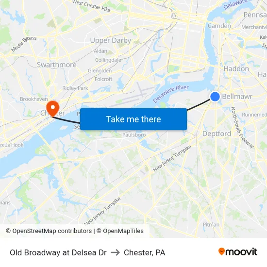 Old Broadway at Delsea Dr to Chester, PA map