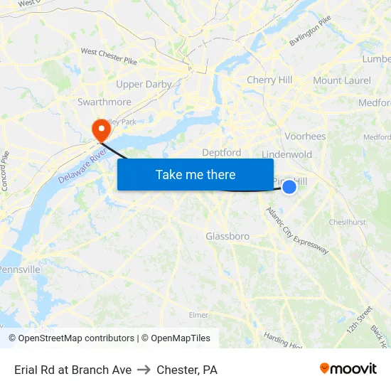 Erial Rd at Branch Ave to Chester, PA map