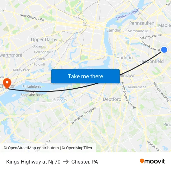 Kings Highway at Nj 70 to Chester, PA map