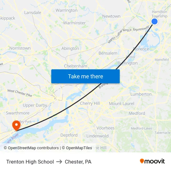 Trenton High School to Chester, PA map