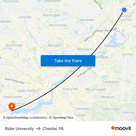 Rider University to Chester, PA map