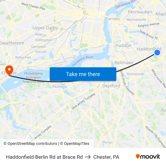 Haddonfield-Berlin Rd at Brace Rd to Chester, PA map