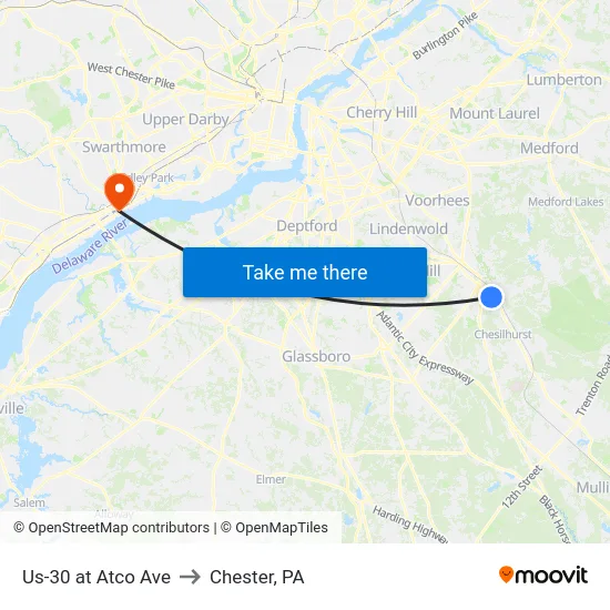 Us-30 at Atco Ave to Chester, PA map