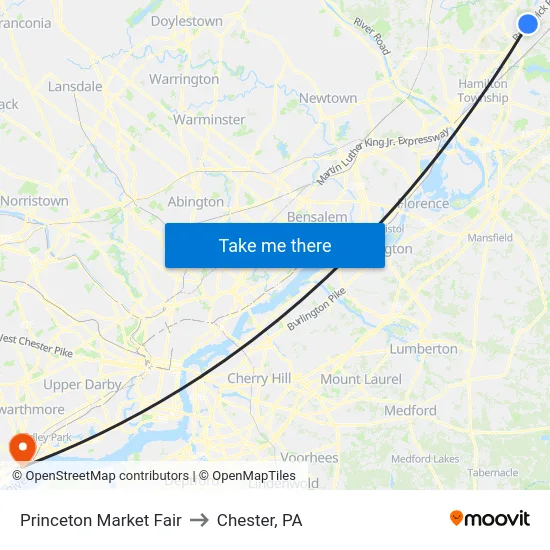 Princeton Market Fair to Chester, PA map