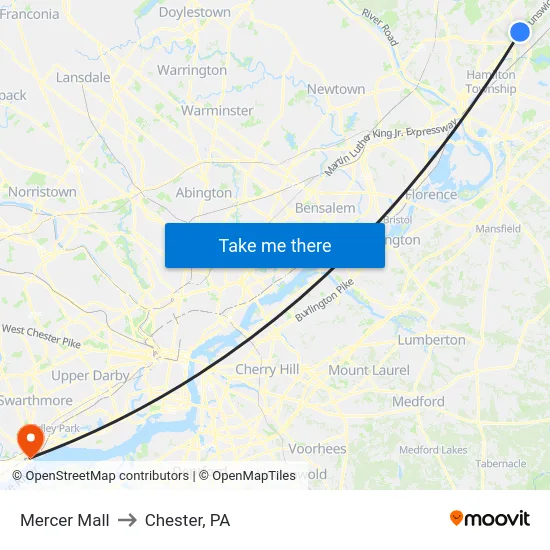 Mercer Mall to Chester, PA map