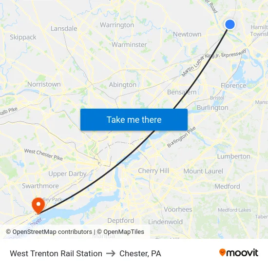 West Trenton Rail Station to Chester, PA map