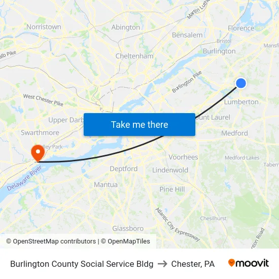 Burlington County Social Service Bldg to Chester, PA map