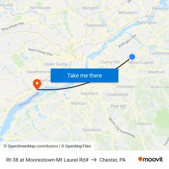 Rt-38 at Moorestown-Mt Laurel Rd# to Chester, PA map