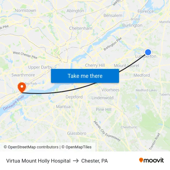 Virtua Mount Holly Hospital to Chester, PA map