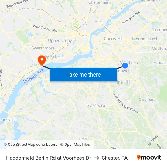 Haddonfield-Berlin Rd at Voorhees Dr to Chester, PA map