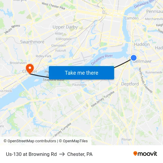 Us-130 at Browning Rd to Chester, PA map