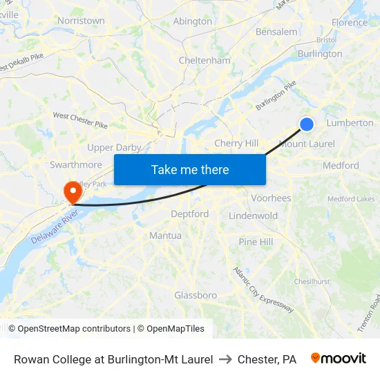 Rowan College at Burlington-Mt Laurel to Chester, PA map