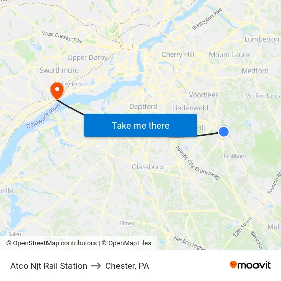 Atco Njt Rail Station to Chester, PA map