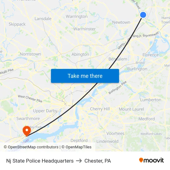 Nj State Police Headquarters to Chester, PA map