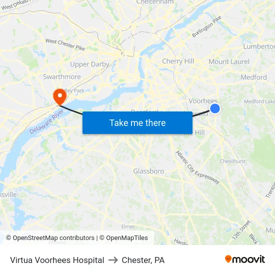Virtua Voorhees Hospital to Chester, PA map
