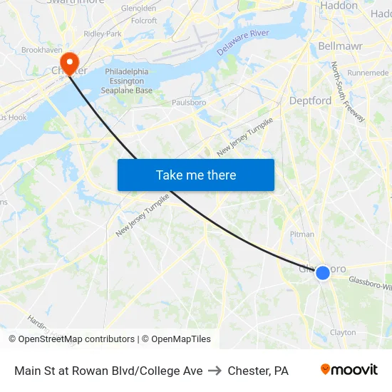 Main St at Rowan Blvd/College Ave to Chester, PA map