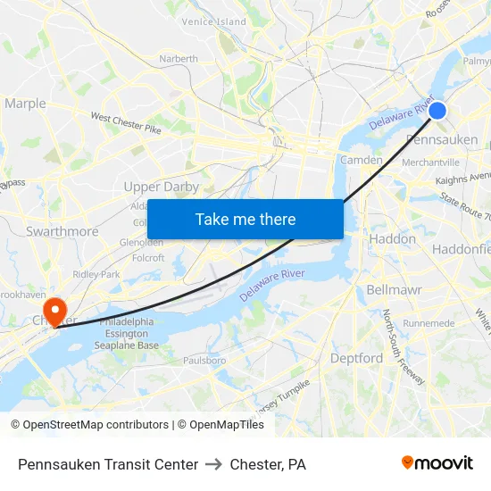 Pennsauken Transit Center to Chester, PA map