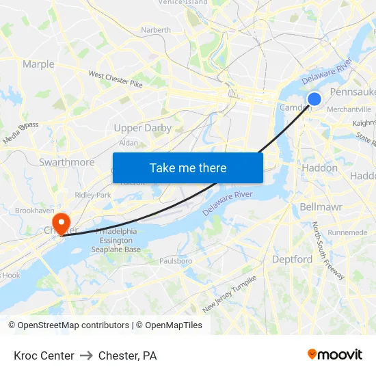 Kroc Center to Chester, PA map