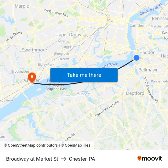 Broadway at Market St to Chester, PA map