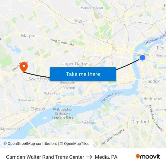 Camden Walter Rand Trans Center to Media, PA map