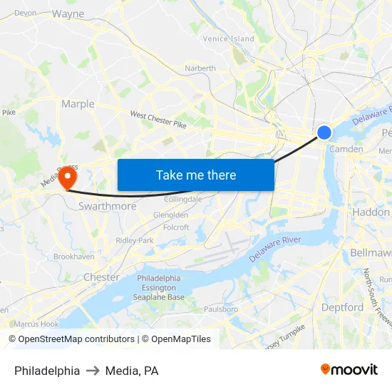 Philadelphia to Media, PA map