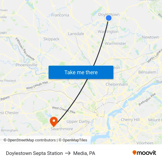 Doylestown Septa Station to Media, PA map