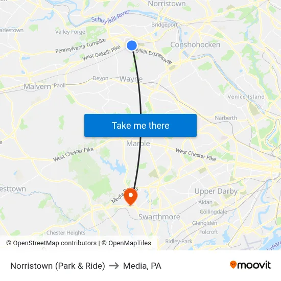 Norristown (Park & Ride) to Media, PA map
