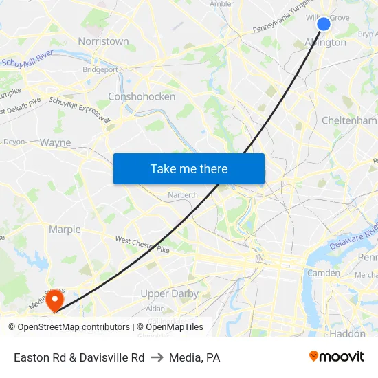 Easton Rd & Davisville Rd to Media, PA map
