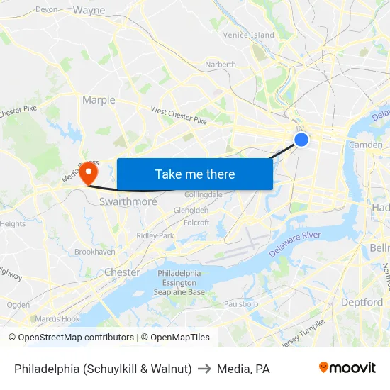 Philadelphia (Schuylkill & Walnut) to Media, PA map