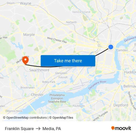 Franklin Square to Media, PA map