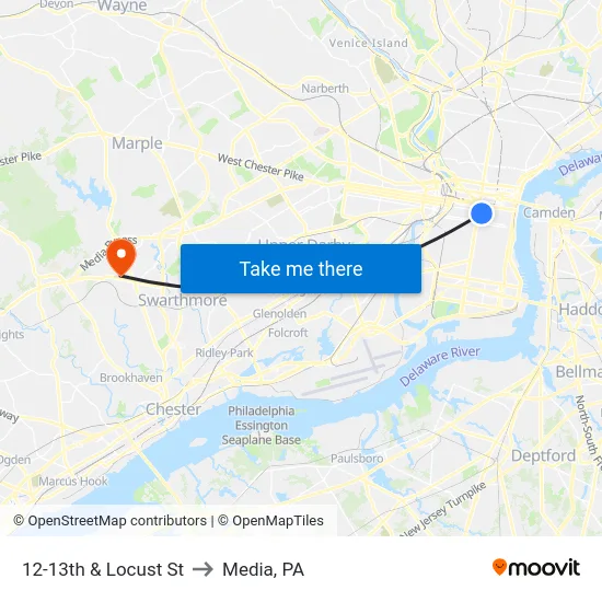 12-13th & Locust St to Media, PA map