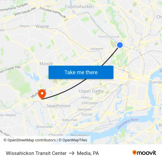 Wissahickon Transit Center to Media, PA map