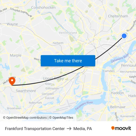 Frankford Transportation Center to Media, PA map