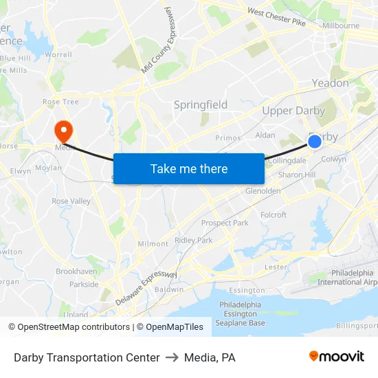 Darby Transportation Center to Media, PA map