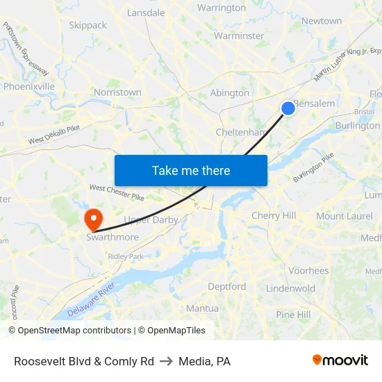 Roosevelt Blvd & Comly Rd to Media, PA map