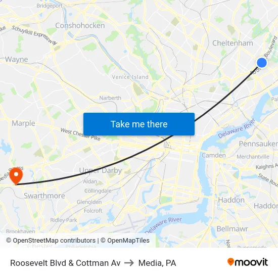 Roosevelt Blvd & Cottman Av to Media, PA map