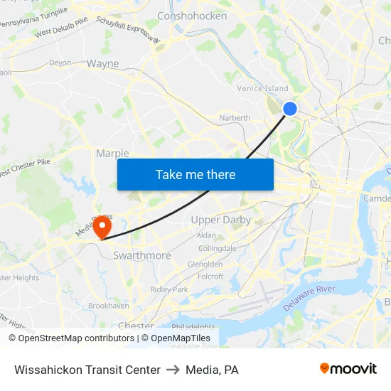 Wissahickon Transit Center to Media, PA map