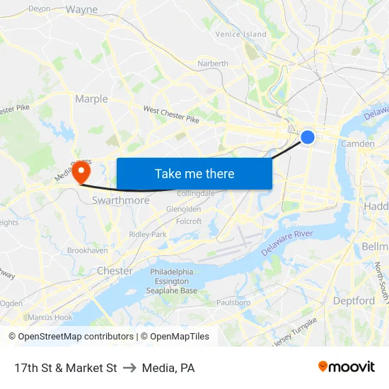 17th St & Market St to Media, PA map